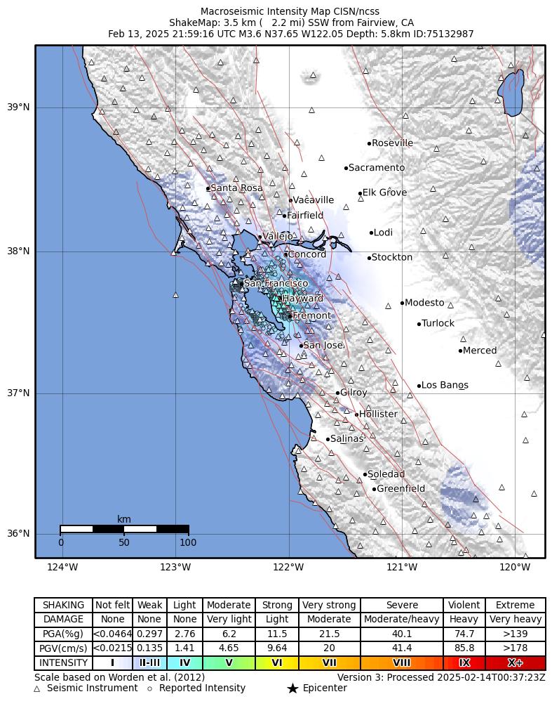 USGS ShakeMap intensity contours for the M3.6 earthquake near 2 km E of Hayward, CA