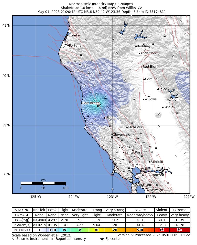 USGS ShakeMap intensity contours for the M3.6 earthquake near 1 km NNW of Willits, CA