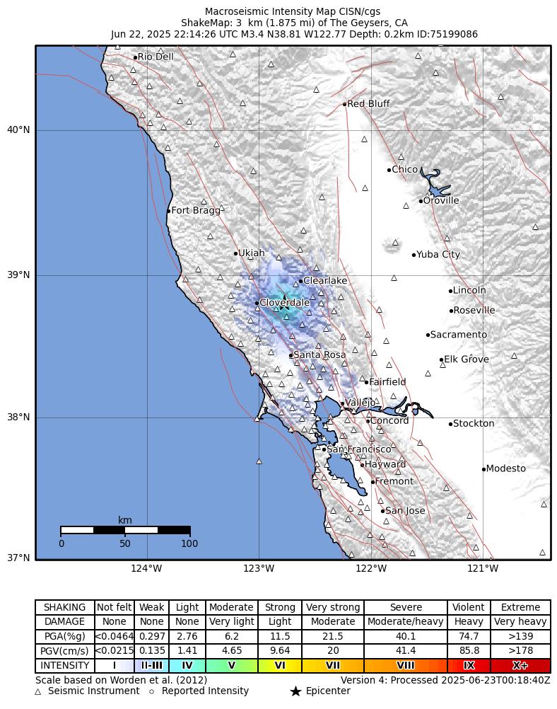 USGS ShakeMap intensity contours for the M3.4 earthquake near 3 km  of The Geysers, CA