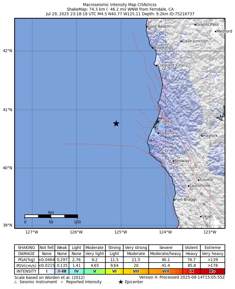 USGS ShakeMap intensity contours for the M4.5 earthquake near 74 km WNW of Ferndale, CA