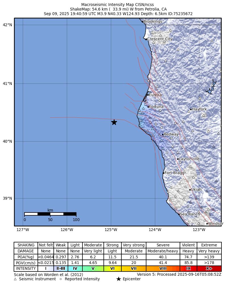USGS ShakeMap intensity contours for the M3.9 earthquake near 54 km W of Petrolia, CA