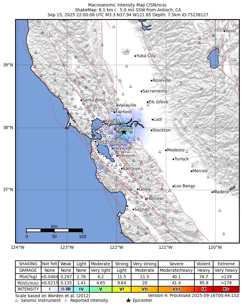 USGS ShakeMap intensity contours for the M3.3 earthquake near 8 km E of Clayton, CA