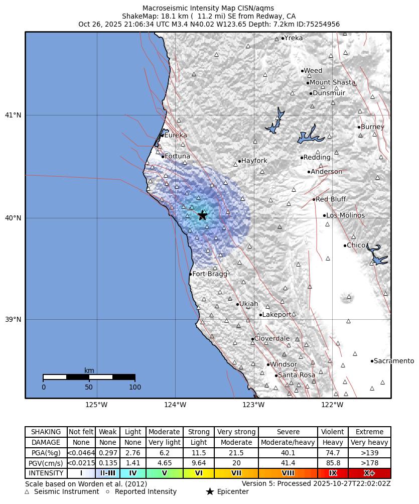 USGS ShakeMap intensity contours for the M3.4 earthquake near 18 km SE of Redway, CA