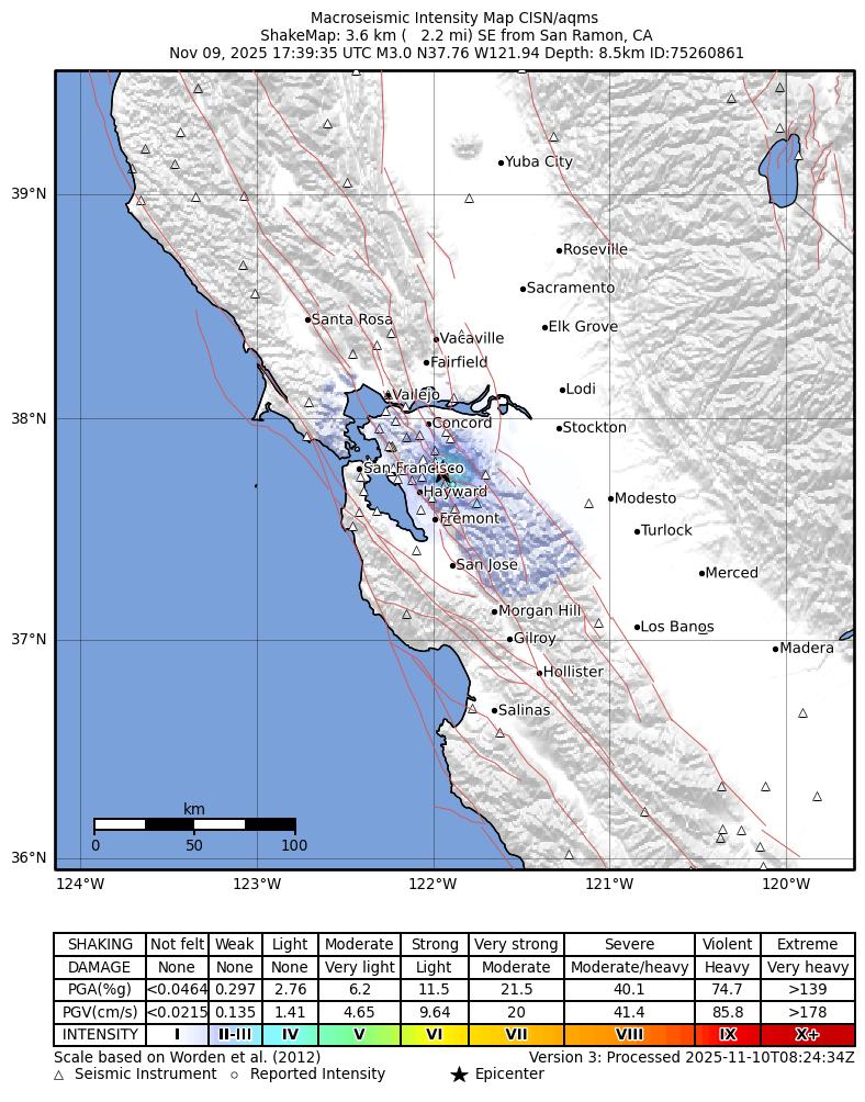 USGS ShakeMap intensity contours for the M3.0 earthquake near 4 km SE of San Ramon, CA