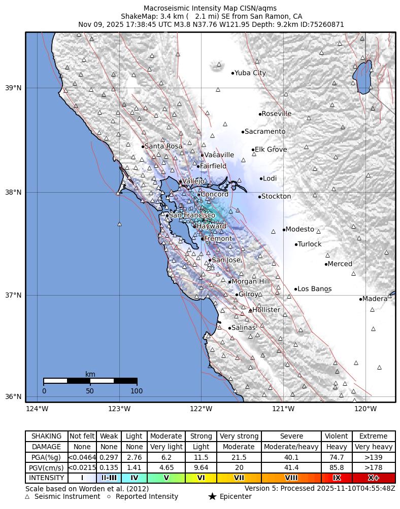 USGS ShakeMap intensity contours for the M3.8 earthquake near 3 km SE of San Ramon, CA