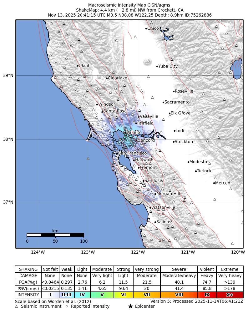 USGS ShakeMap intensity contours for the M3.5 earthquake near 4 km SSW of Vallejo, CA