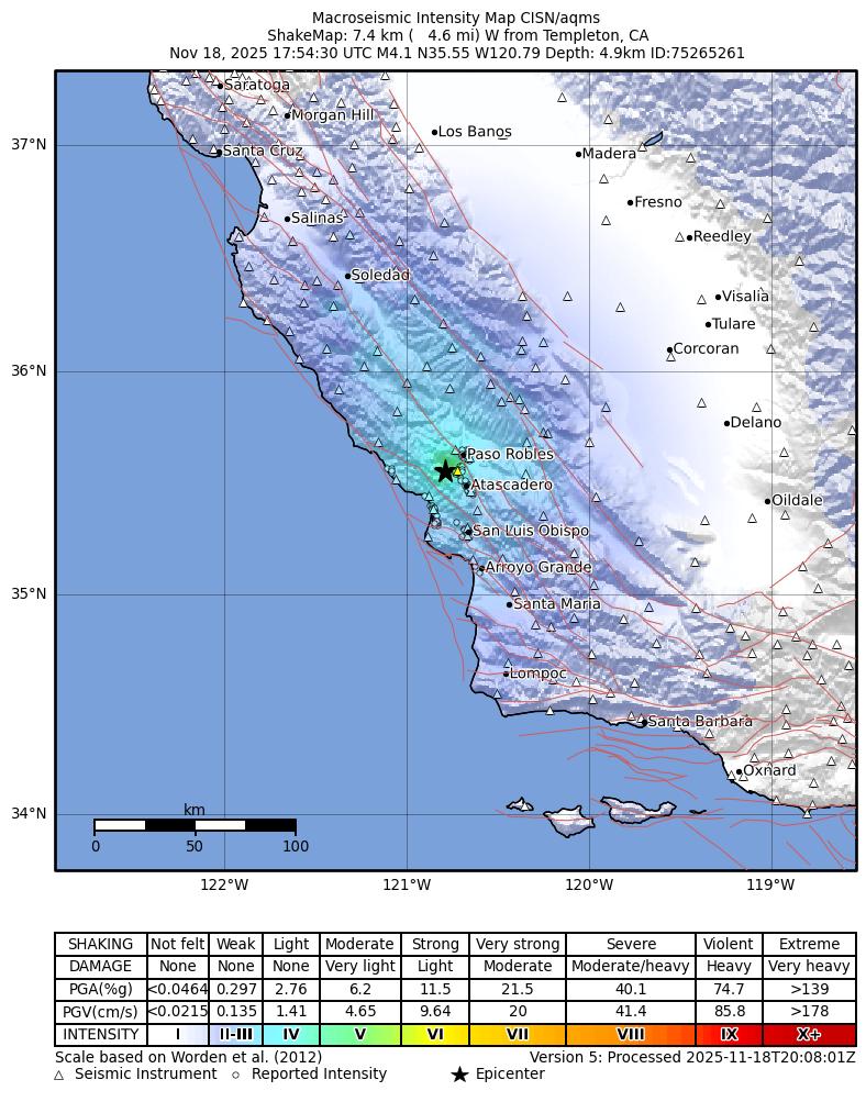 USGS ShakeMap intensity contours for the M4.1 earthquake near 7 km W of Templeton, CA