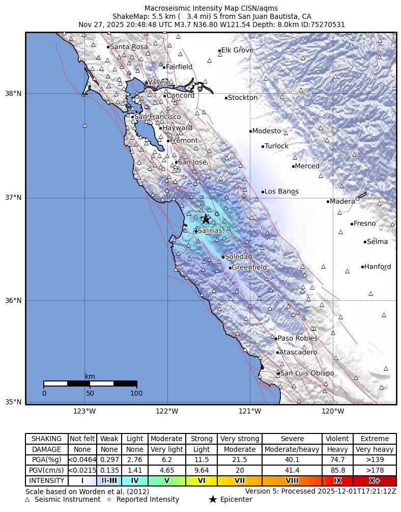 USGS ShakeMap intensity contours for the M3.7 earthquake near 6 km S of San Juan Bautista, CA