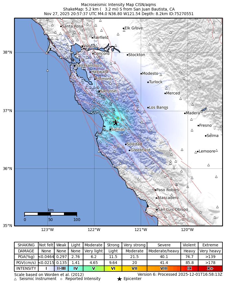 USGS ShakeMap intensity contours for the M4.0 earthquake near 5 km S of San Juan Bautista, CA