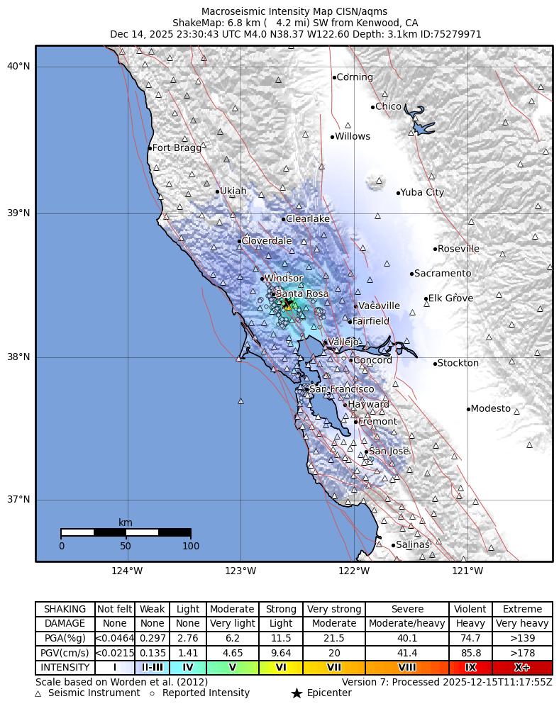 USGS ShakeMap intensity contours for the M4.0 earthquake near 6 km W of Glen Ellen, CA