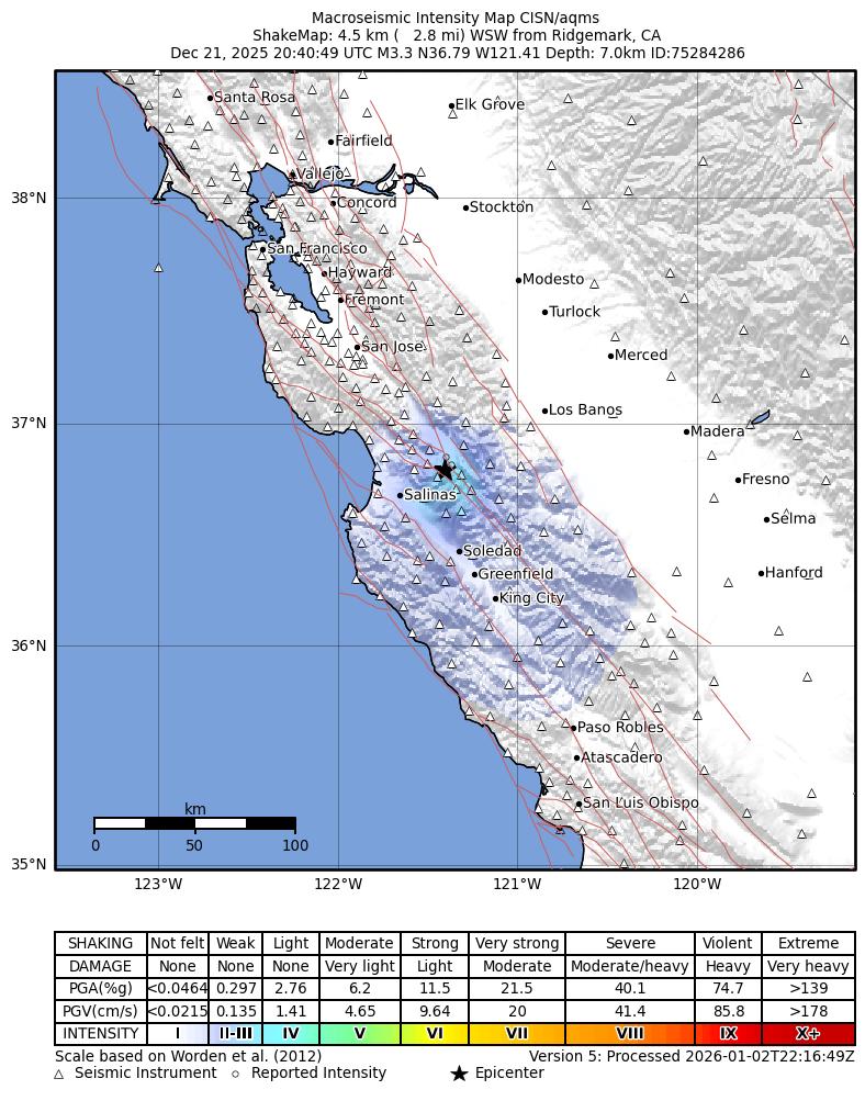 USGS ShakeMap intensity contours for the M3.3 earthquake near 4 km WSW of Ridgemark, CA