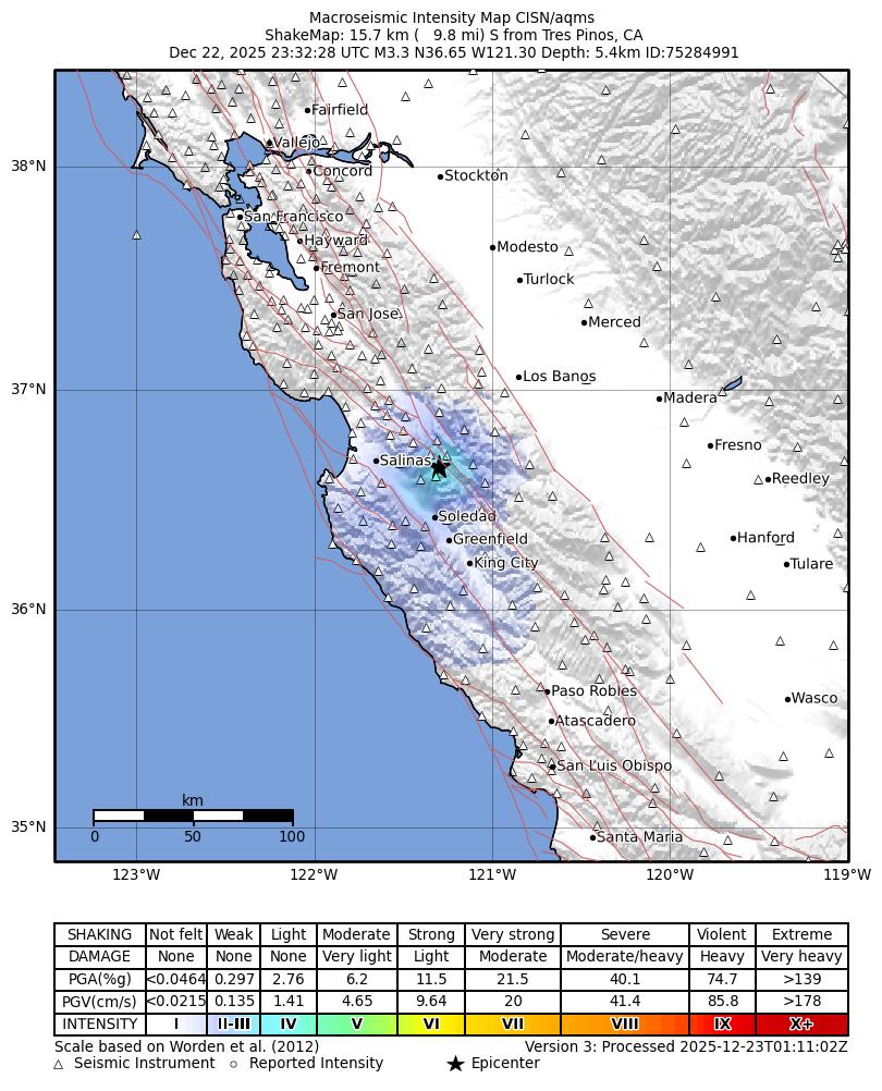 USGS ShakeMap intensity contours for the M3.3 earthquake near 16 km S of Tres Pinos, CA