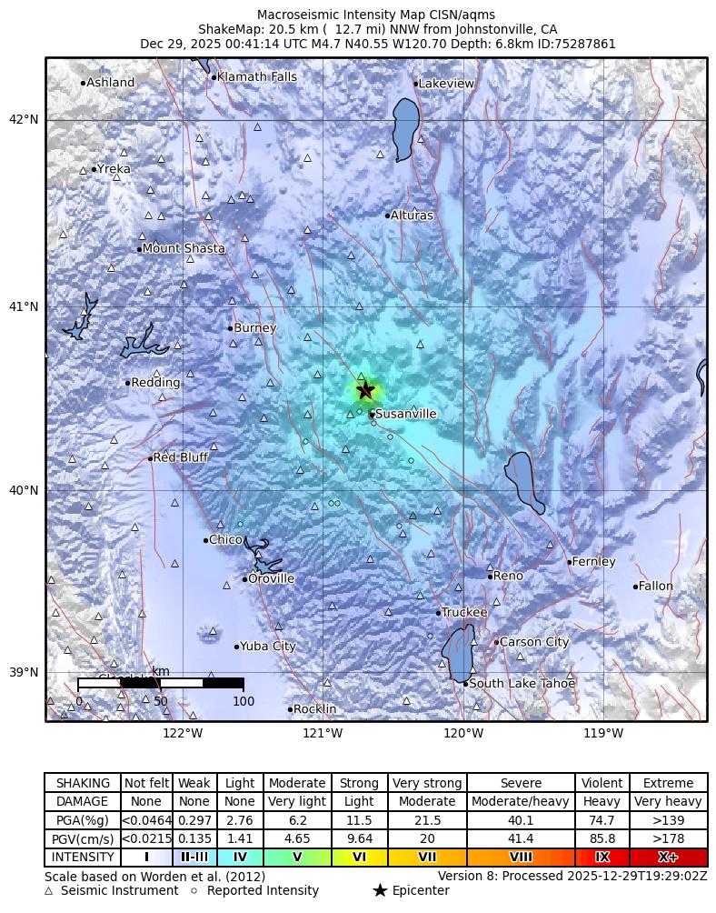USGS ShakeMap intensity contours for the M4.7 earthquake near 15 km NNW of Susanville, CA