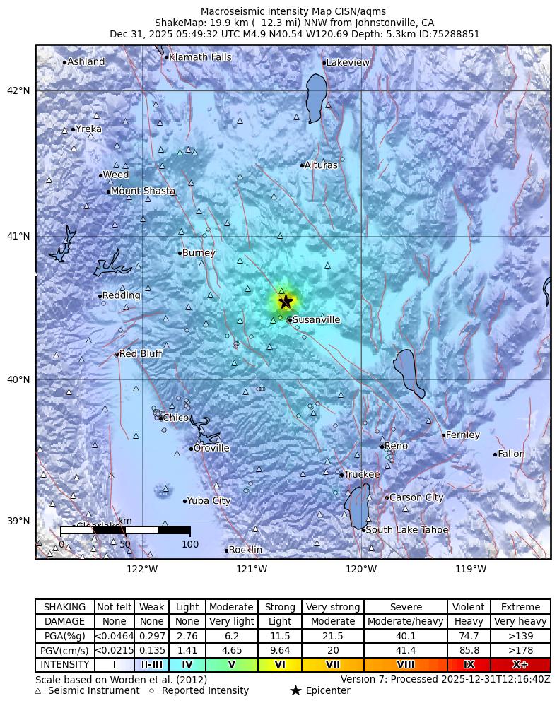 USGS ShakeMap intensity contours for the M4.9 earthquake near 15 km NNW of Susanville, CA