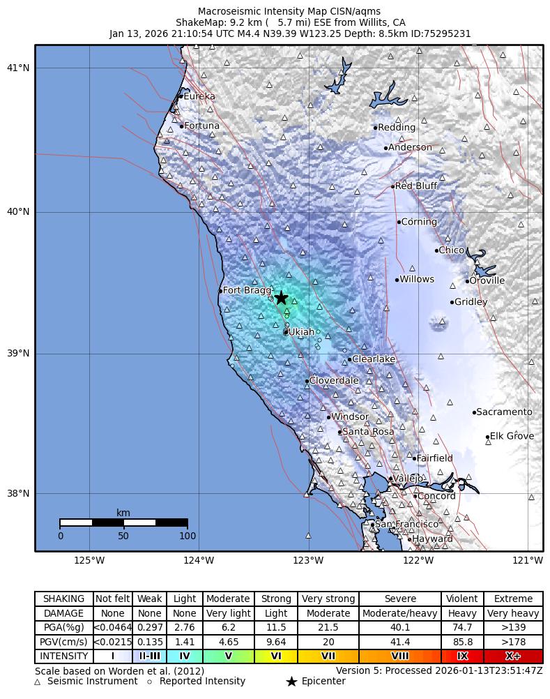 USGS ShakeMap intensity contours for the M4.4 earthquake near 9 km ESE of Willits, CA