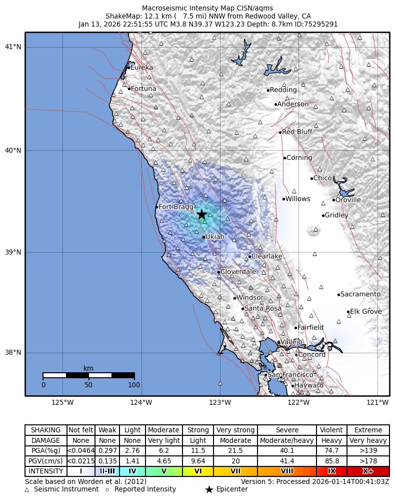 USGS ShakeMap intensity contours for the M3.8 earthquake near 11 km ESE of Willits, CA