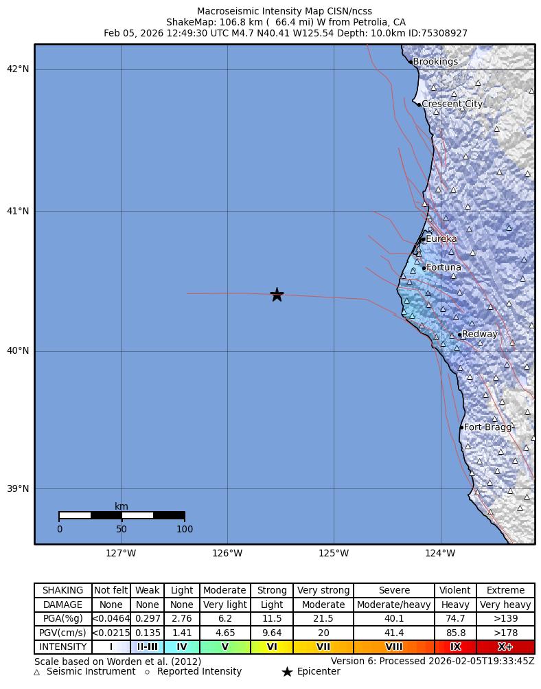 USGS ShakeMap intensity contours for the M4.7 earthquake near 107 km W of Petrolia, CA