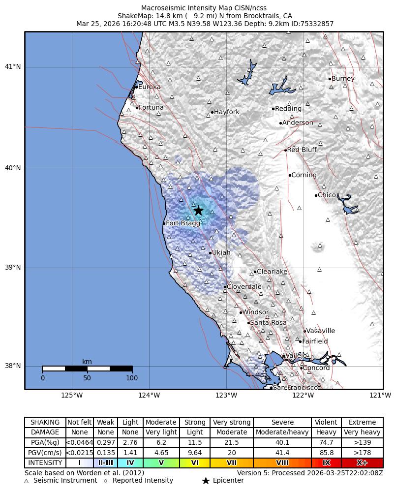 USGS ShakeMap intensity contours for the M3.5 earthquake near 15 km N of Brooktrails, CA