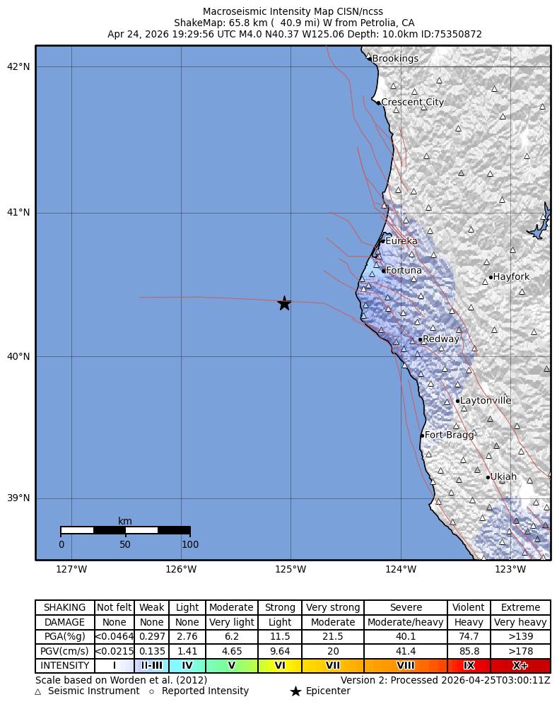 USGS ShakeMap intensity contours for the M4.0 earthquake near 66 km W of Petrolia, CA