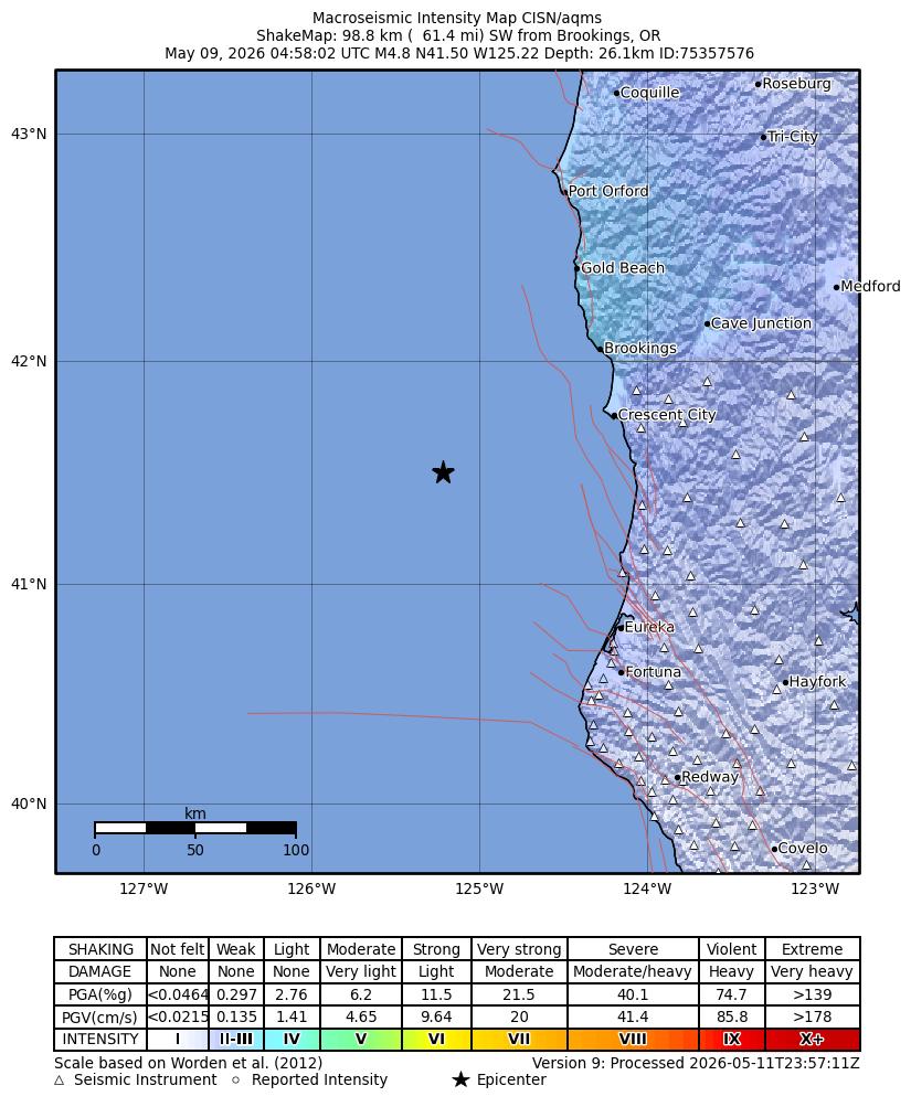 USGS ShakeMap intensity contours for the M4.8 earthquake near 89 km WSW of Crescent City, CA