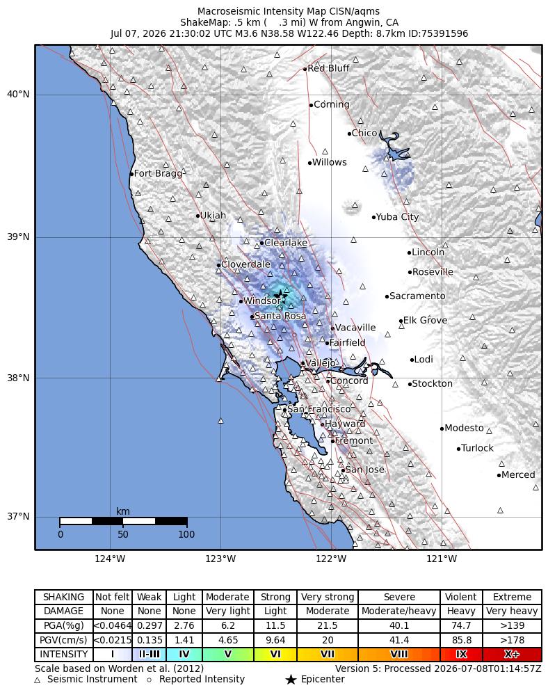 USGS ShakeMap intensity contours for the M3.6 earthquake near 0 km W of Angwin, CA