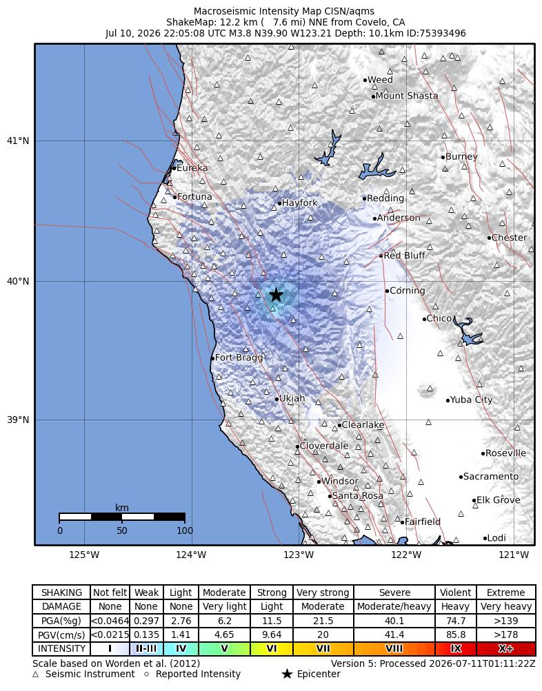 USGS ShakeMap intensity contours for the M3.8 earthquake near 12 km NNE of Covelo, CA
