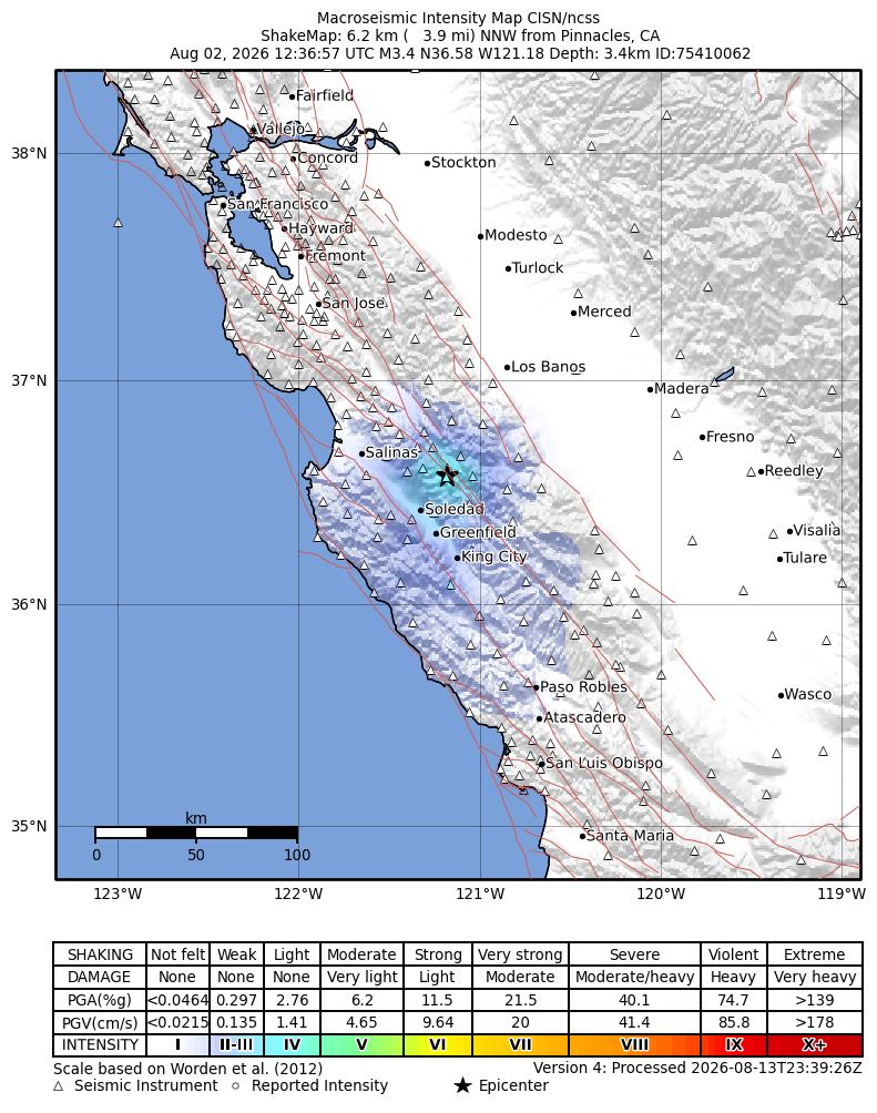 USGS ShakeMap: estimated shaking intensity around the epicenter