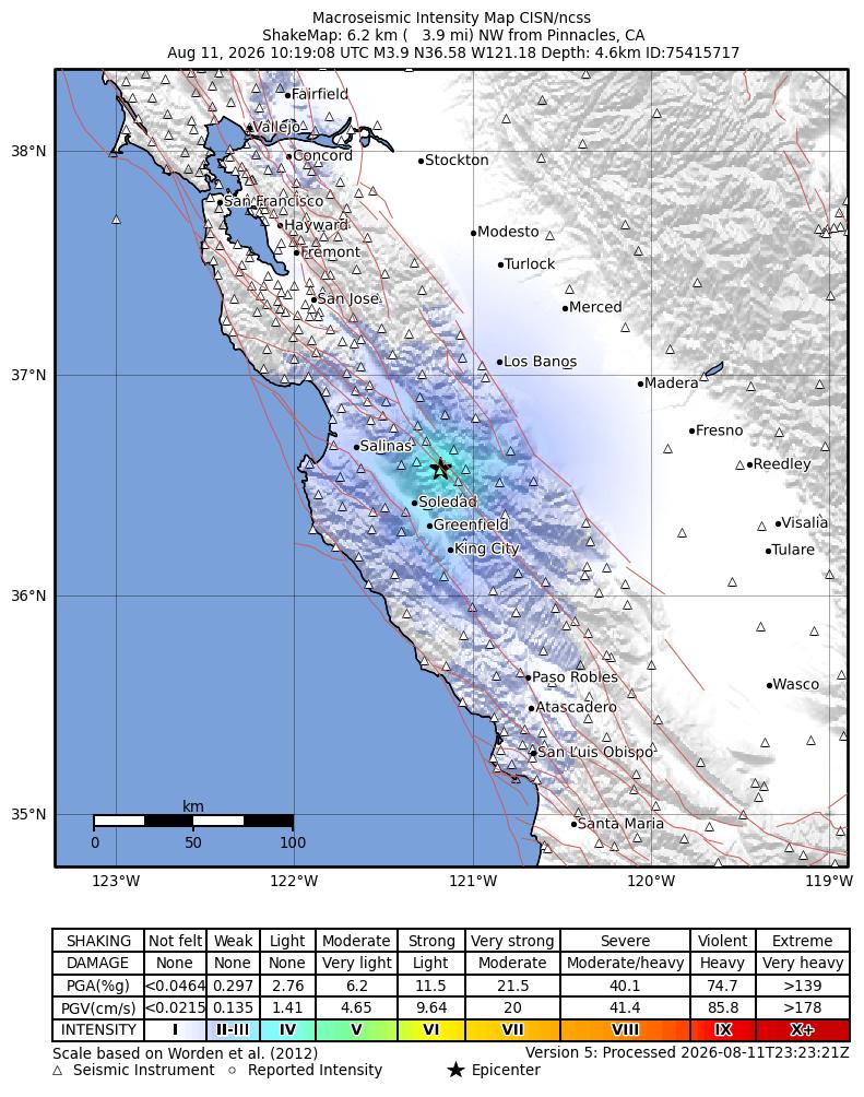 USGS ShakeMap intensity contours for the M3.9 earthquake near 6 km NW of Pinnacles, CA