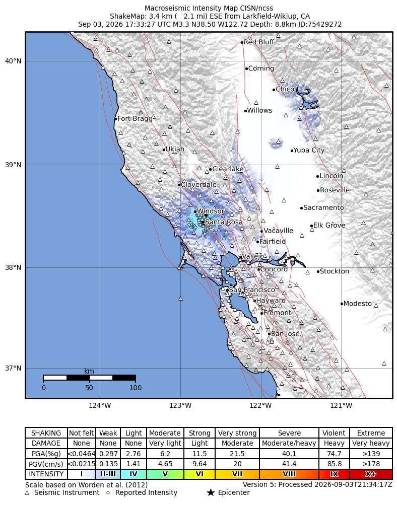 USGS ShakeMap intensity contours for the M3.3 earthquake near 3 km ESE of Larkfield-Wikiup, CA