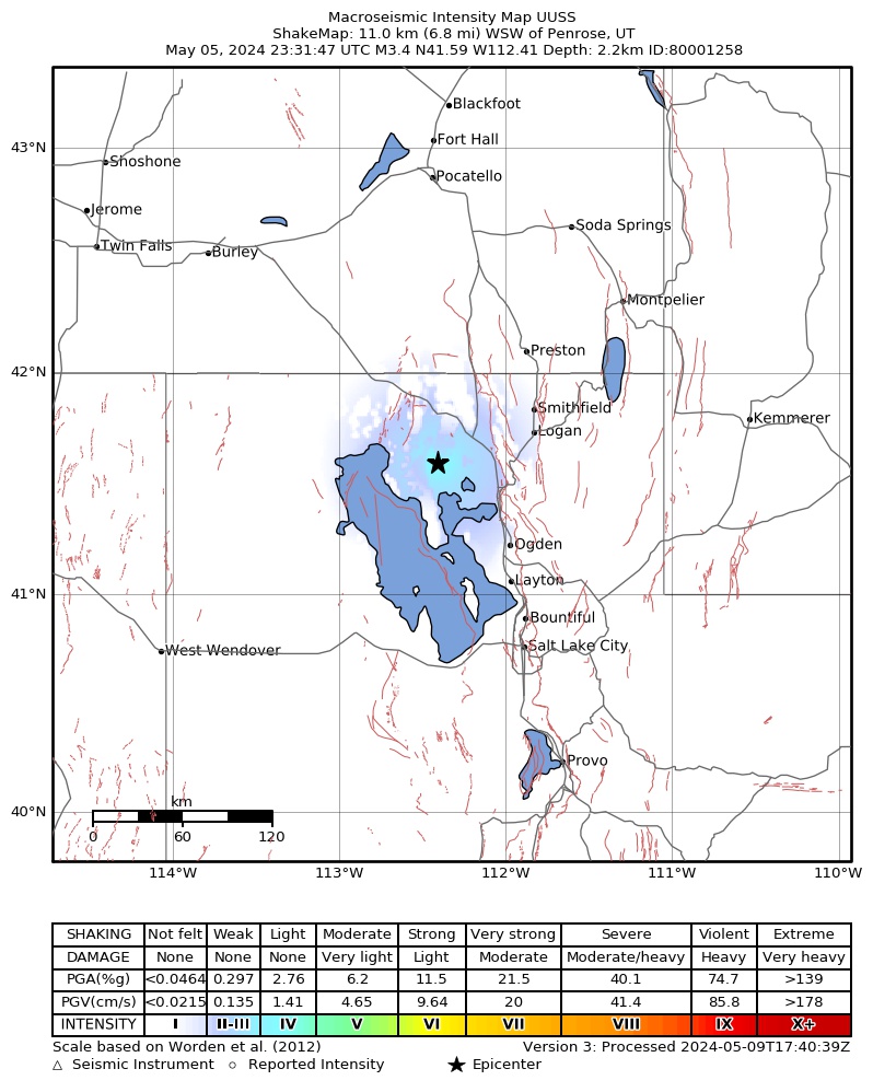 USGS ShakeMap intensity contours for the M3.4 earthquake near 14 km SW of Thatcher, Utah