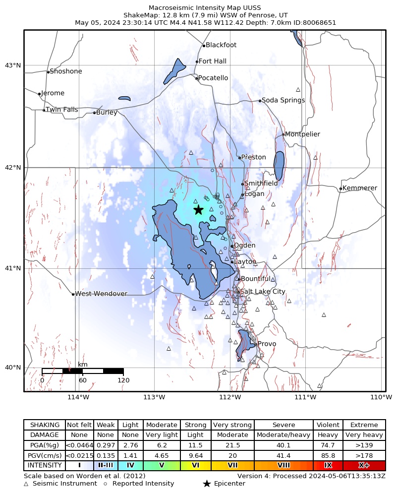 USGS ShakeMap intensity contours for the M4.4 earthquake near 16 km SW of Thatcher, Utah