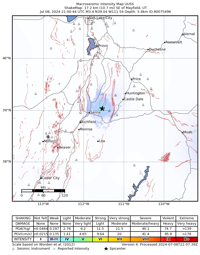 USGS ShakeMap intensity contours for the M3.4 earthquake near 17 km ESE of Mayfield, Utah
