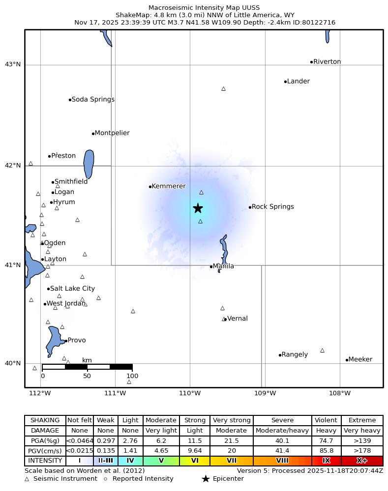 USGS ShakeMap intensity contours for the M3.7 earthquake near 4 km NW of Little America, Wyoming