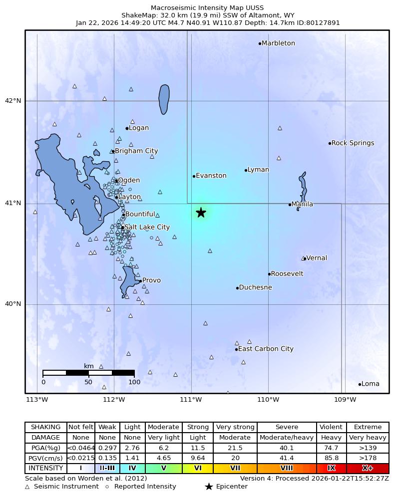 USGS ShakeMap intensity contours for the M4.7 earthquake near 40 km S of Evanston, Wyoming