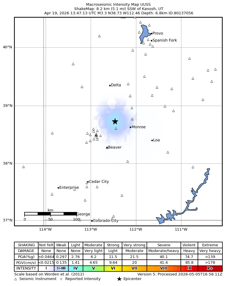 USGS ShakeMap: estimated shaking intensity around the epicenter