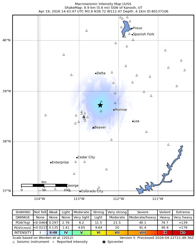 USGS ShakeMap: estimated shaking intensity around the epicenter