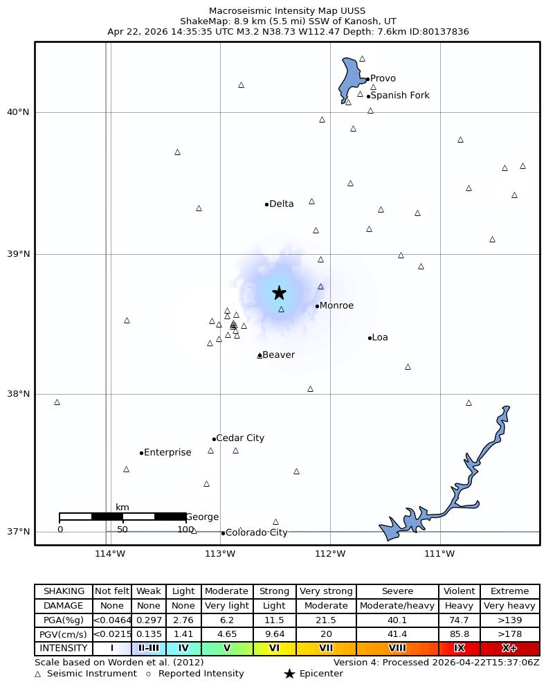USGS ShakeMap: estimated shaking intensity around the epicenter