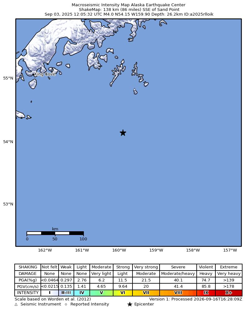 USGS ShakeMap: estimated shaking intensity around the epicenter