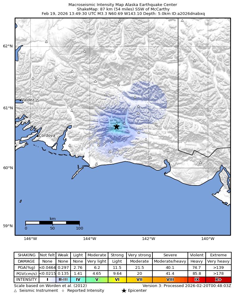 USGS ShakeMap: estimated shaking intensity around the epicenter