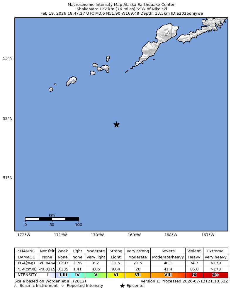 USGS ShakeMap intensity contours for the M3.7 earthquake near 111 km SSW of Nikolski, Alaska