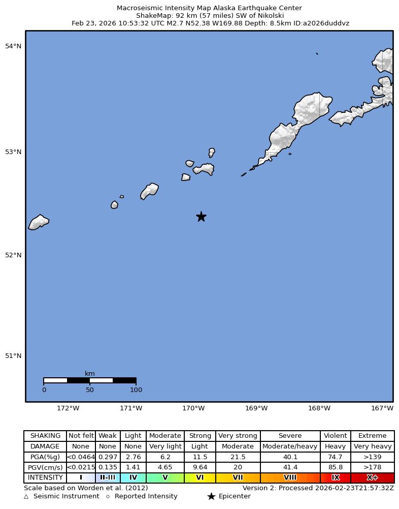 USGS ShakeMap: estimated shaking intensity around the epicenter