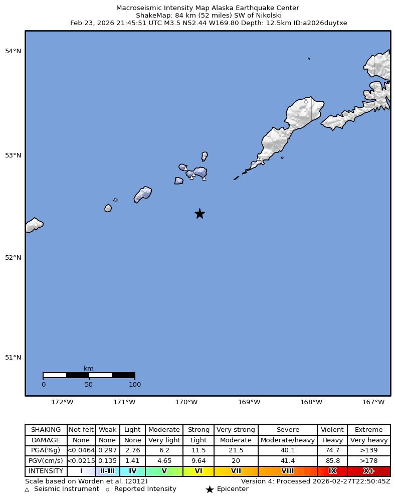 USGS ShakeMap intensity contours for the M3.5 earthquake near 81 km SW of Nikolski, Alaska