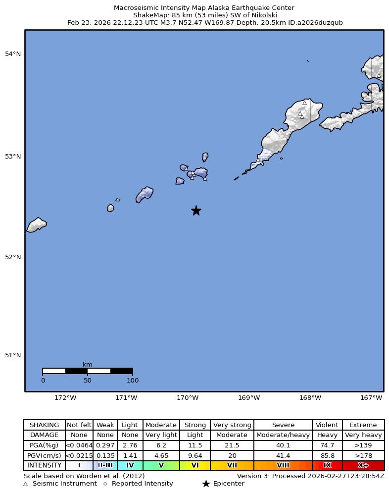 USGS ShakeMap intensity contours for the M4.1 earthquake near 88 km SW of Nikolski, Alaska