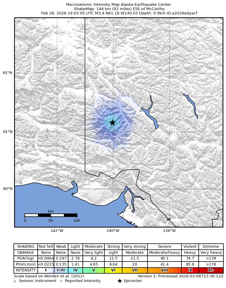 USGS ShakeMap intensity contours for the M3.4 earthquake near 157 km ESE of McCarthy, Alaska