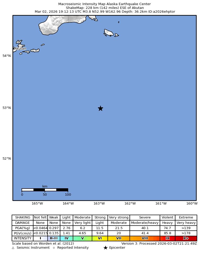 USGS ShakeMap intensity contours for the M3.8 earthquake near 209 km S of False Pass, Alaska