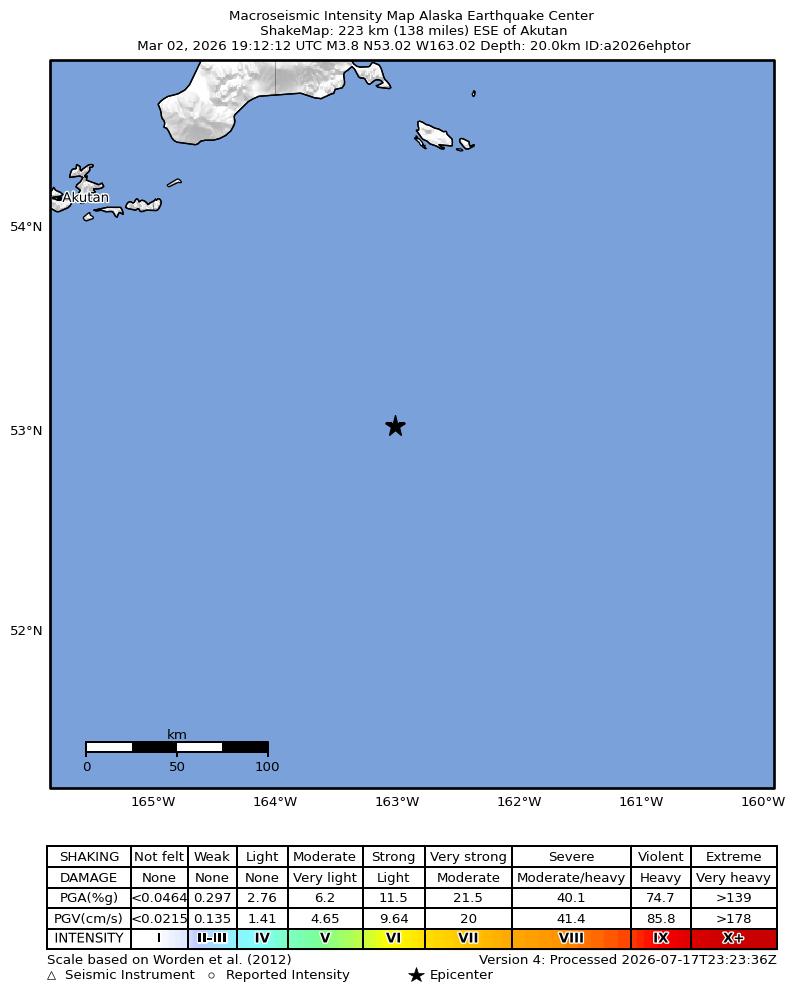 USGS ShakeMap intensity contours for the M3.8 earthquake near 205 km S of False Pass, Alaska