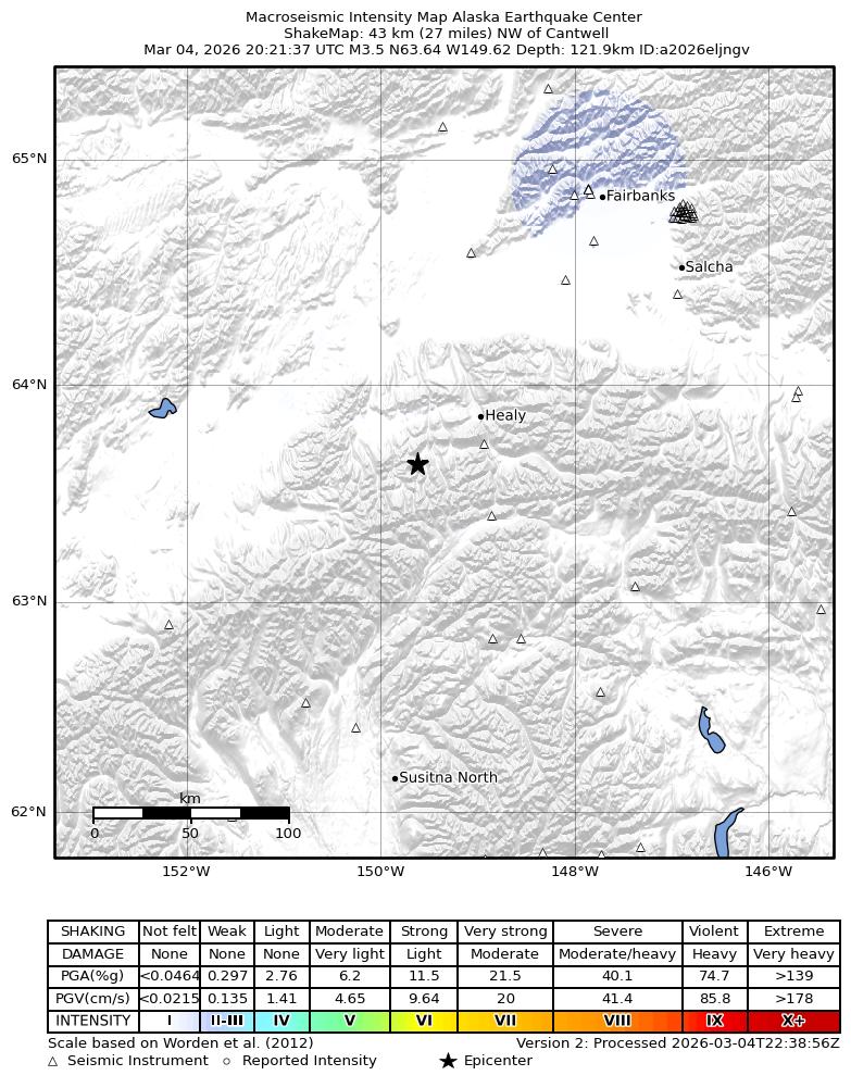 USGS ShakeMap intensity contours for the M3.5 earthquake near 36 km WSW of Denali Park, Alaska