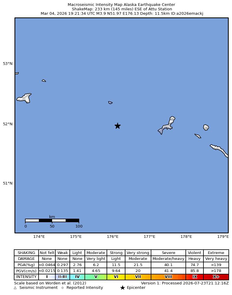 USGS ShakeMap intensity contours for the M3.8 earthquake near 224 km ESE of Attu Station, Alaska