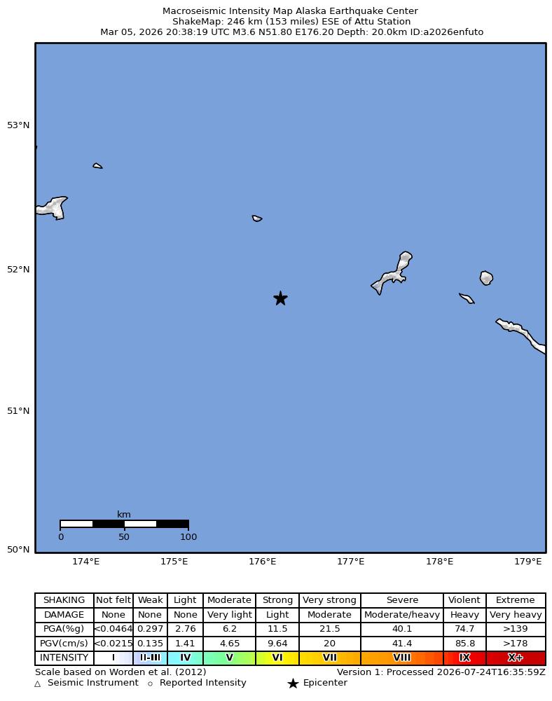 USGS ShakeMap intensity contours for the M3.6 earthquake near 236 km ESE of Attu Station, Alaska
