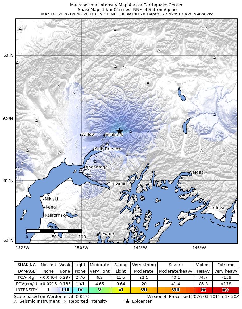 USGS ShakeMap: estimated shaking intensity around the epicenter